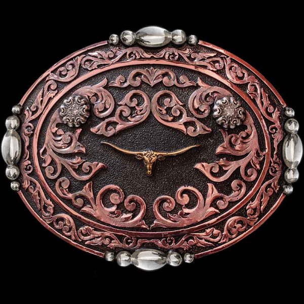 Embellish any western outfit with the Gruene Belt Buckle. Featuring stunning and intrincate copper scrollwork with silver beads frame. Customize the color of stones and bronze figure of this buckle!